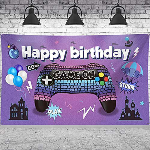 Video Game Backdrop Banner Game on Controller Pinata Banner Gaming Theme Birthday Party Backdrop for Video Game Party Wall Decorations Supplies Photography Background Photo Props -Purple Blue-