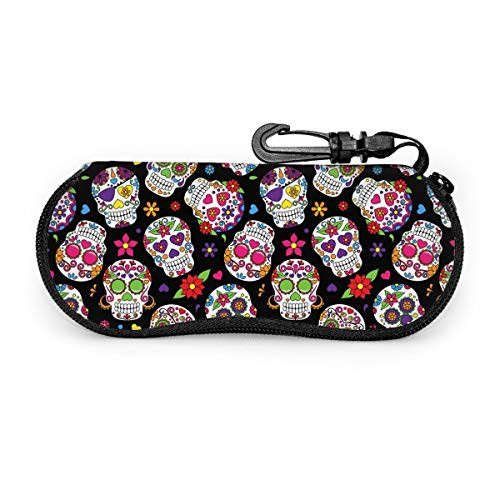 BLUBLU Day of the Dead Sugar Skull Sunglasses Soft Case with Belt Clip- Ultra Light Portable Glasses Case Neoprene Zipper Eyeglass Bag