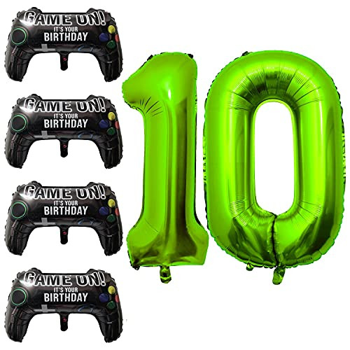 Video Game Party Balloons 4pcs Game Controller Mylar Balloons with 40 inch Green Number Balloons 10 for Birthday Party Game Party Decoration -10th-