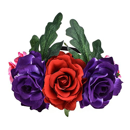 DreamLily Day of The Dead Headband Costume Rose Flower Crown Mexican Headpiece BC40 -Rose Purple Leaf-