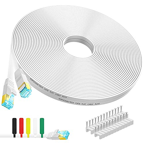 Cat 6 Ethernet Cable 50 ft-Flat Internet Network LAN Patch Cords  Solid Cat6 High Speed Computer Wire with Clips - Snagless Rj45 Connectors for Modem-Router-PS4  Faster Than Cat5/Cat5e - 50ft White