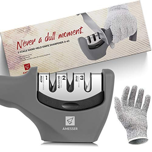 Kitchen Knife Sharpener - 3 Stage Knife Sharpening Tool Sharpens Chefs Knives - Kitchen Accessories Help Repair, Restore and Polish Blades Quickly, Food Safety Cut Resistant Gloves Included