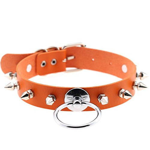 eYLun Women Punk Leather Necklaces Choker Girl Goth Rivet Rock Adjustable Collar Necklaces Orange