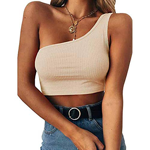 Kyerivs Women's Sexy Sleeveless Crop Tops One Shoulder Strappy Ribbed Knit Tank Tees -Apricot- M-