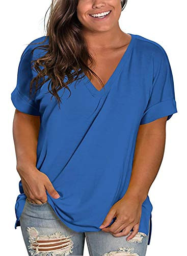 SWQZVT Women's Plus Size Tops Short Sleeve T Shirts V Neck Basic Tee Blouse Tunic Blue 24W