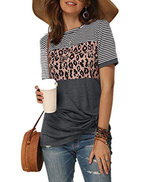 Ferrtye Womens Leopard Striped T Shirts Color Block Short Sleeve Twist Knot Tops -Grey-Large- Ferrtye Womens Leopard Striped T Shirts Color Block Short Sleeve Twist Knot Tops -Grey-Large-