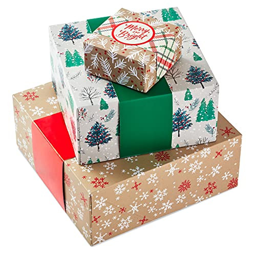Hallmark Assorted Size Gift Boxes with Wrap Bands for Christmas -3 Boxes- Kraft Brown- Red- Green- inchMerry and Bright-inch inchHappy Holidaysinch- Rustic Snowflakes- Plaid- Trees- Holly Hallmark Assorted Size Gift Boxes with Wrap Bands for Christmas -3 Boxes- Kraft Brown- Red- Green- inchMerry and Bright-inch inchHappy Holidaysinch- Rustic Snowflakes- Plaid- Trees- Holly
