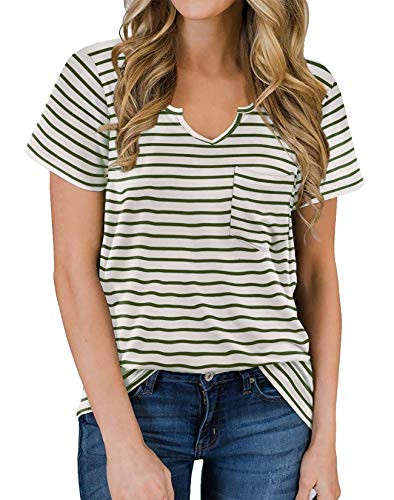 NIASHOT Women's Green Striped T Shirt V Neck Cute Tees for Junior Short Sleeves Summer Tops M