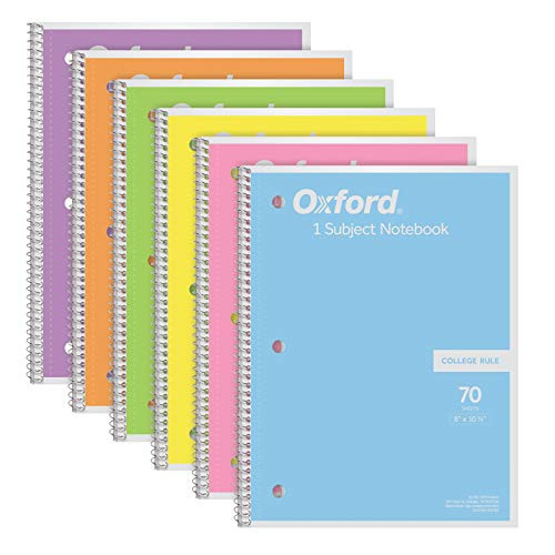 Oxford Spiral Notebook 6 Pack- 1 Subject- College Ruled Paper- 8 x 10-1/2 Inch- Pastel Pink- Orange- Yellow- Green- Blue and Purple- 70 Sheets -63756-