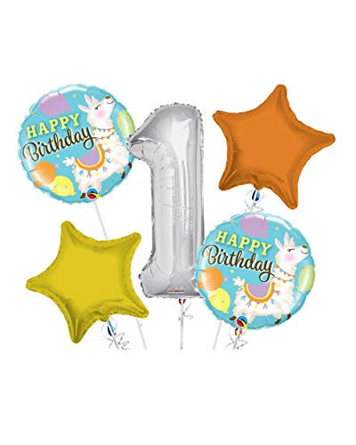 Happy Birthday Llama Round Balloon Bouquet 5 pc- 1st Birthday- Silver Number 1 Jumbo Balloon | Viva Party Balloon Collection