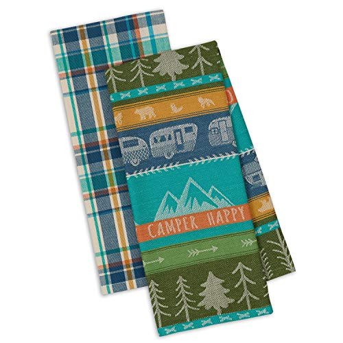 DII Design Imports Happy Camper Dish Towels - Set of 2 - RV Park Jacquard - Happy Camper Plaid