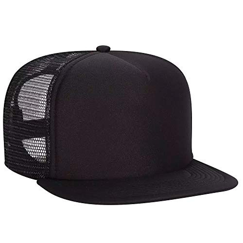 Ashen Fane Polyester Flat Bill Foam Front 5 Panel High Crown Mesh Back Trucker Snapback Hat- Black
