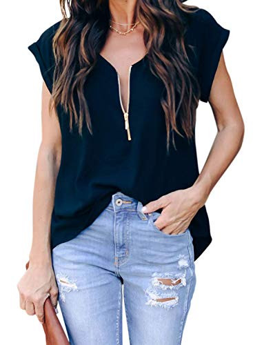 Aleumdr Women's Casual Half Zipper V Neck Short Sleeve Loose Shirts Summer Blouses Tops Black X-Large 16 18