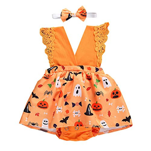 Infant Baby Girl Halloween Clothes Halter Pumpkin Halloween Romper Backless Jumpsuit Bodysuit Outfit with Headband -Orange- 0-6 Months-