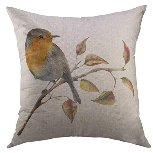 Mugod Pillow Cover Watercolor Robin Sitting on Tree Branch Red Yellow Leaves Autumn Bird Fall White Nature Home Decorative Throw Pillow Cushion Cover 16x16 Inch Pillowcase