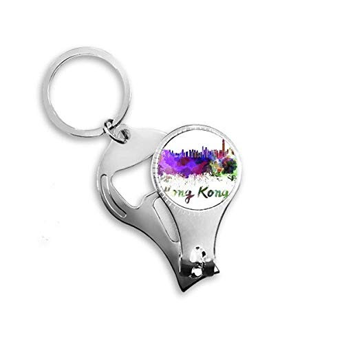 Hong Kong China City Watercolor Nail Nipper Ring Key Chain Bottle Opener Clipper