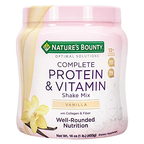 Nature's Bounty Complete Protein  and  Vitamin Shake Mix with Collagen  and  Fiber- Contains Vitamin C for Immune Health- Vanilla Flavored- 16 Oz