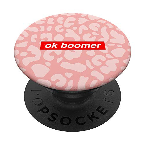 Pink Leopard Ok Boomer Red Box Funny Trendy Meme Gen Z Gift PopSockets PopGrip- Swappable Grip for Phones  and  Tablets