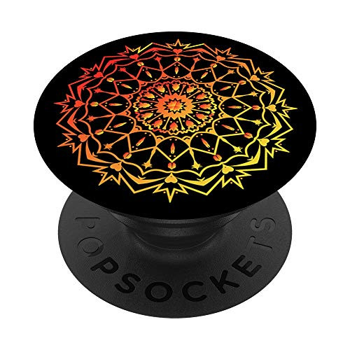 Red Orange Yellow Gradient On Black Geometric Mandala Art PopSockets PopGrip- Swappable Grip for Phones  and  Tablets