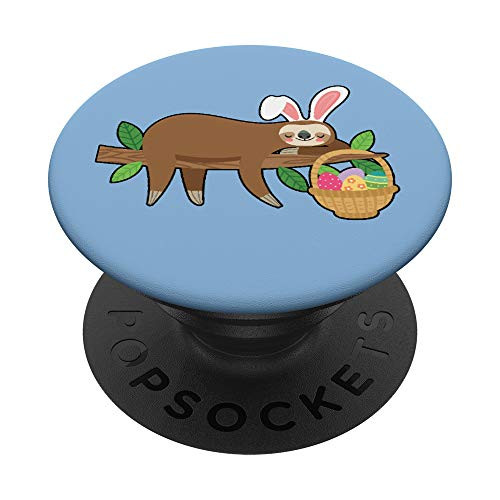 Sloth with Easter Bunny Ears Basket Easter Eggs- Light Blue PopSockets PopGrip- Swappable Grip for Phones  and  Tablets