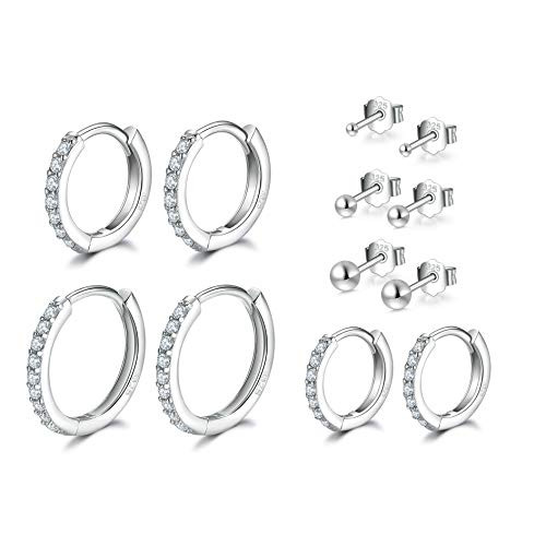 3 Pairs Sterling Silver Small Hoop Earrings for Women | Hypoallergenic Huggie Cubic Zirconia Cartilage Earring Hoops- Tiny Round Ball Stud Earrings for Girls