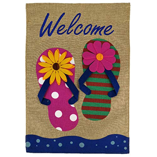 Texupday Welcome Summer Floral Flip Flop Burlap Summer Holiday Double Sided Garden Flag Beach Embroidered Outdoor Yard Flag 12" x 18"