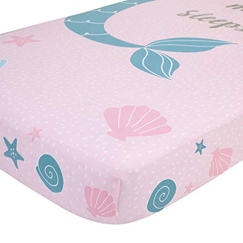 NoJo Sugar Reef Mermaid Photo Op 100% Cotton Fitted Crib Sheet, A Little Mermaid Sleeps Here, Aqua/Pink