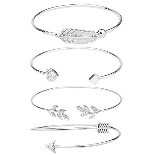 Shareky Women 4pcs Layered Cuff Bangle Bracelet Set Adjustable Stackable Wrap Bangle Open Branch Wire Bangle Silver