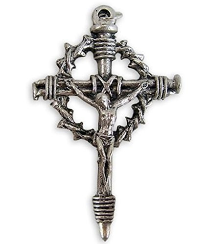 Religious Gifts Silver Toned Base Crown of Thorns and Nails of The Cross with Jesus Crucifix- 2 Inch