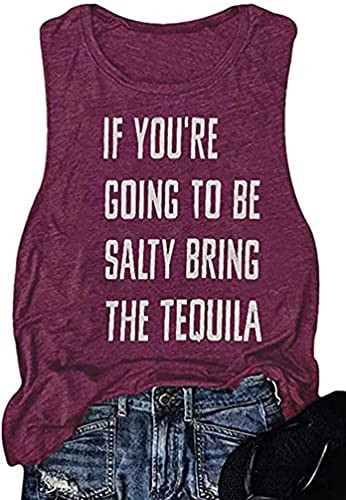 SurBepo Women If You're Going to Be Salty Bring The Tequila Cinco De Mayo Shirt Funny Drinking Graphic Tank Top -Wine Red- L-