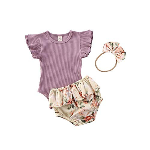 3Pcs Newborn Baby Girl Summer Shorts Outfit Sleeveless Bodysuit RomperPlusRuffles Short PantsPlusHeadband Clothes -Purple Knit- 3-6 Months-