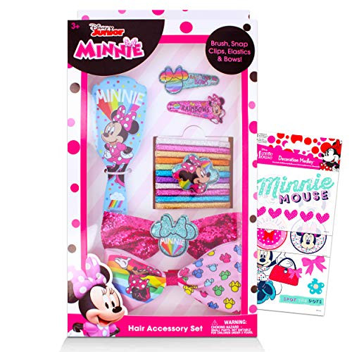 Minnie Mouse Accessories Super Set ~ 16 Pcs Hair Accessories Ponies Brush Hair Clips for Dress Up with Reward Stickers -Minnie Mouse Party Supplies Bundle-