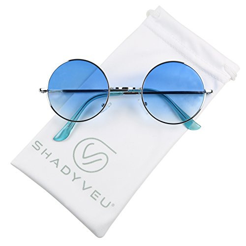 ShadyVEU Retro John Lennon Style Sunglasses Round Colorful Tint Groovy Hippie Wire Teashades -Blue Lens- 50-