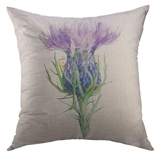 Mugod Decorative Throw Pillow Cover Purple Scottish Milk Thistle Flower Watercolor Painting White Liver Home Decor Pillow Case 18x18 inch