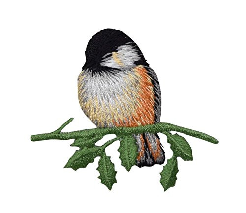 Chickadee - Bird - Sitting on Branch - Facing Left - Embroidered Iron on Patch