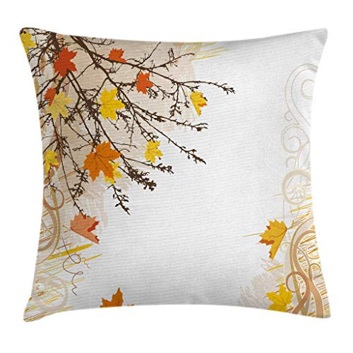 Ambesonne Nature Throw Pillow Cushion Cover, Autumn Maple Leaves Branches in Fall Earthen Tones Faded Woodland Art Print, Decorative Square Accent Pillow Case, 18 X 18 inches, Tan Yellow Orange