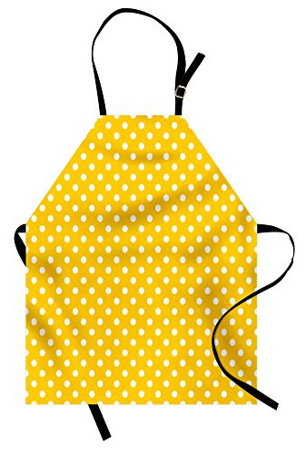 Lunarable Polka Dots Apron- Traditional Polka Dots Motif in Row on Sunny Colored Backdrop Girls Bohemian- Unisex Kitchen Bib with Adjustable Neck for Cooking Gardening- Adult Size- Yellow and White