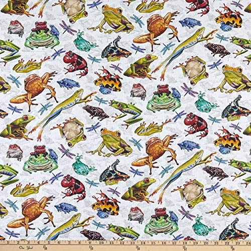 Studio E Fabrics Studio E Jewels of The Jungle Digital Frog and Dragonfly Allover Fabric- White