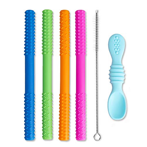 Hollow Teething Tubes-4 Pack-6.8?Long-- LIUMY Baby Teether Tubes- Soft Silicone Teething Straws for Babies 3-12 Months-Sensory Textured Tubes with Feeding Spoon and Cleaning Brush
