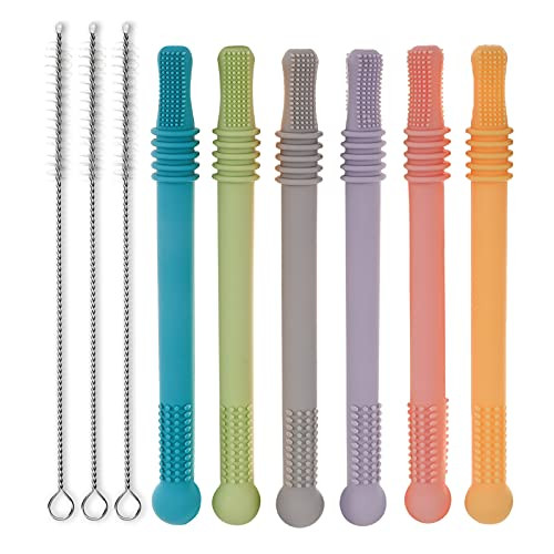Hollow Teething Tubes for Babies-6 Pack-- LIUMY Baby Teether Tubes- Soft Silicone Teething Straws for Infants- BPA Free  and  Freezable for Babies 3-12 Months
