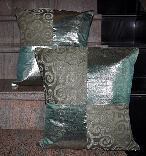 Lalhaveli Home Decorative Patchwork Jacquard Silk Pillow Cushion Cover 16 X 16 Inches Set of 2 Pcs
