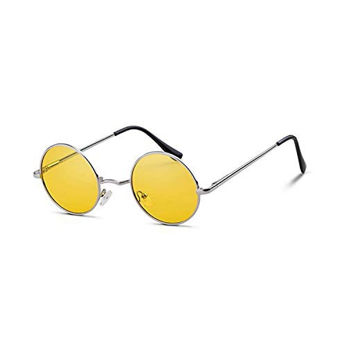 Small Round Polarized Sunglasses Retro Men Women Mirrored Lens Metal Frame Circle Sun Glasses Shades -Silver Yellow- 46 mm-