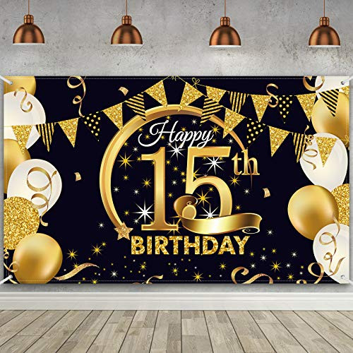 15th Birthday Party Decoration- Extra Large Fabric Black Gold Sign Poster for 15th Anniversary Photo Booth Backdrop Background Banner- 15th Birthday Party Supplies- 72.8 x 43.3 Inch