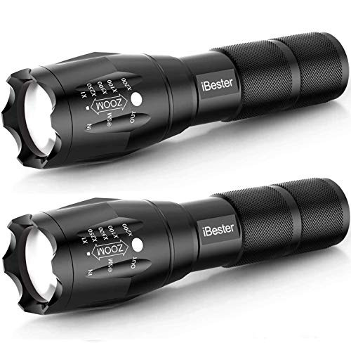 Tactical Flashlight- iBester XML-T6 LED Flashlight- High Lumen- Portable- Zoomable- 5 Modes- Water Resistant- Perfect for Camping- Outdoor- Emergency -2 Pack-