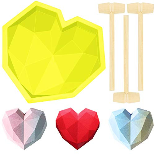 Diamond Heart Shape Silicone Cake Mold Chocolate Mousse Dessert Baking Pan Silicone Fondant Mold with 8 Pieces Mini Wooden Hammers for Home Kitchen DIY Baking Tools -Yellow-