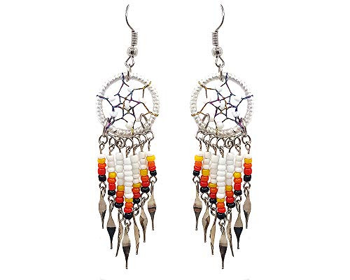 Handmade Native American Style Tribal Dream Catcher Long Beaded Dangle Earrings -White-