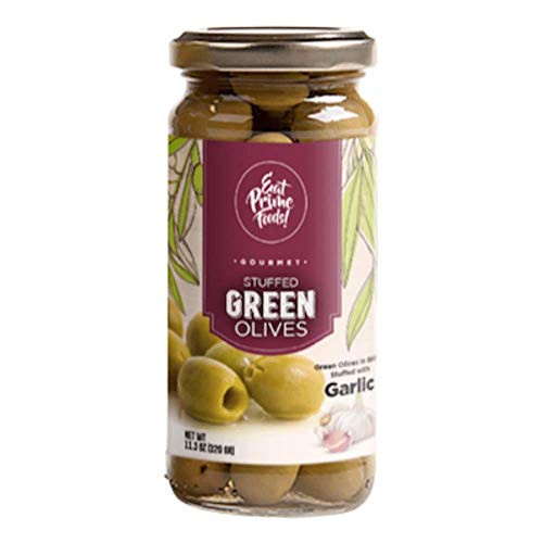 Eat Prime Foods Stuffed Green Olives With Garlic | Gourmet Stuffed Green Olives Perfect For Salads- Cheese Table- Cocktails | Premium Class 80/100 Stuffed Olives | Garlic stuffed olives