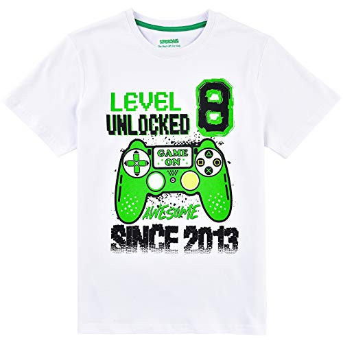 Level 8 Unlocked Awesome Since 2013 Video Game 8th Birthday T-Shirt Boys Gift 100 percent Cotton 8 Years Old Level Up Birthday Gamer Shirt Video Game Party Top Tee for Youth-White- 9 Years-