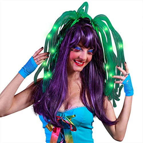 FlashingBlinkyLights Green Light Up LED Noodle Headband with Green Ribbon