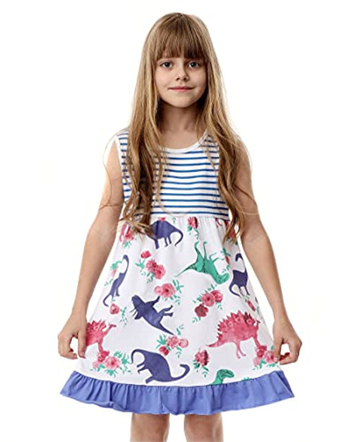 HILEELANG Kids Girl Summer Swing Dress Big Skirt Cotton Casual A-Line Twirly Dinosaur Dress Ruffle Party Sundress Size 6 HILEELANG Kids Girl Summer Swing Dress Big Skirt Cotton Casual A-Line Twirly Dinosaur Dress Ruffle Party Sundress Size 6